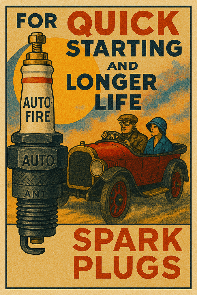 Vintage advertisement for spark plugs, featuring an illustration of a man and woman driving an old-fashioned car, with a large spark plug graphic and text promoting 'Quick Starting and Longer Life.'