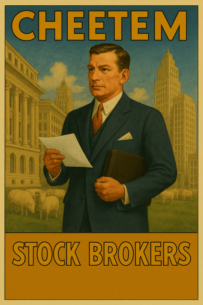 A vintage-style advertisement featuring a well-dressed man holding a document, labeled 'Cheetem Stock Brokers'. He stands in front of a cityscape with sheep grazing in the background.